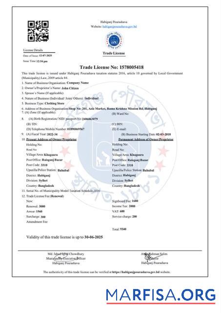 Printable Bangladesh Habiganj trade license Word and PDF template